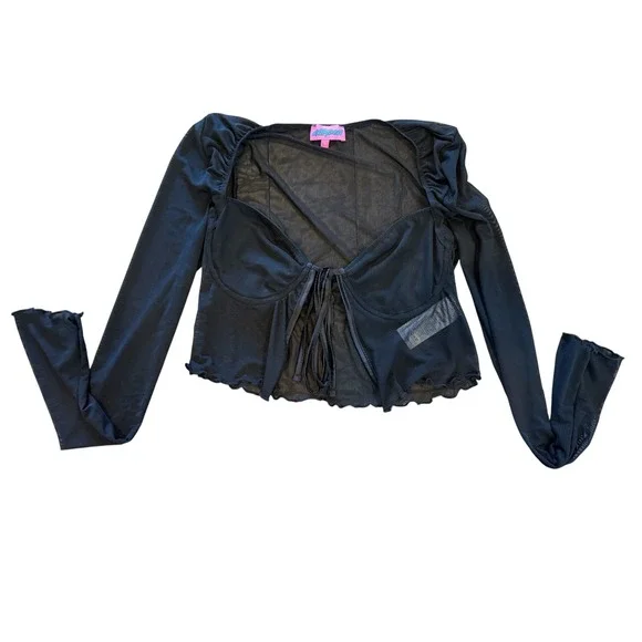 Edikted Black Sheer Mesh Tie Front Long‎ Sleeve Crop Top Women's Small - Picture 3 of 8